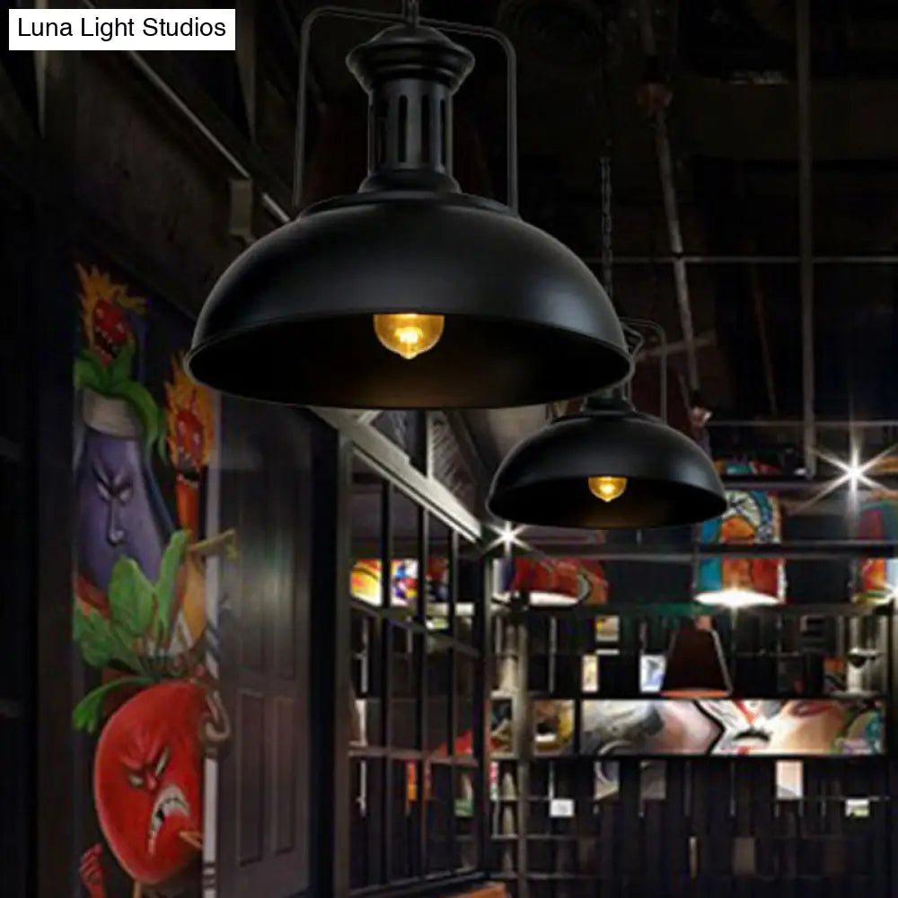 Industrial-Style Black Iron Pendant Lamp For Restaurants - 1-Light Bowl/Cage/Barn Design / C