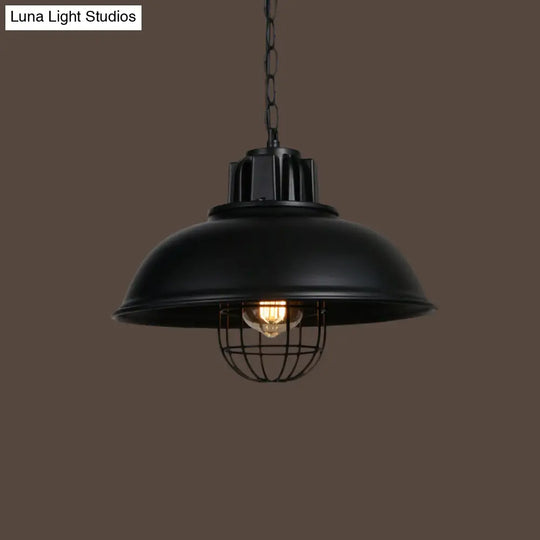 Industrial-Style Black Iron Pendant Lamp For Restaurants: 1-Light Bowl/Cage/Barn Design