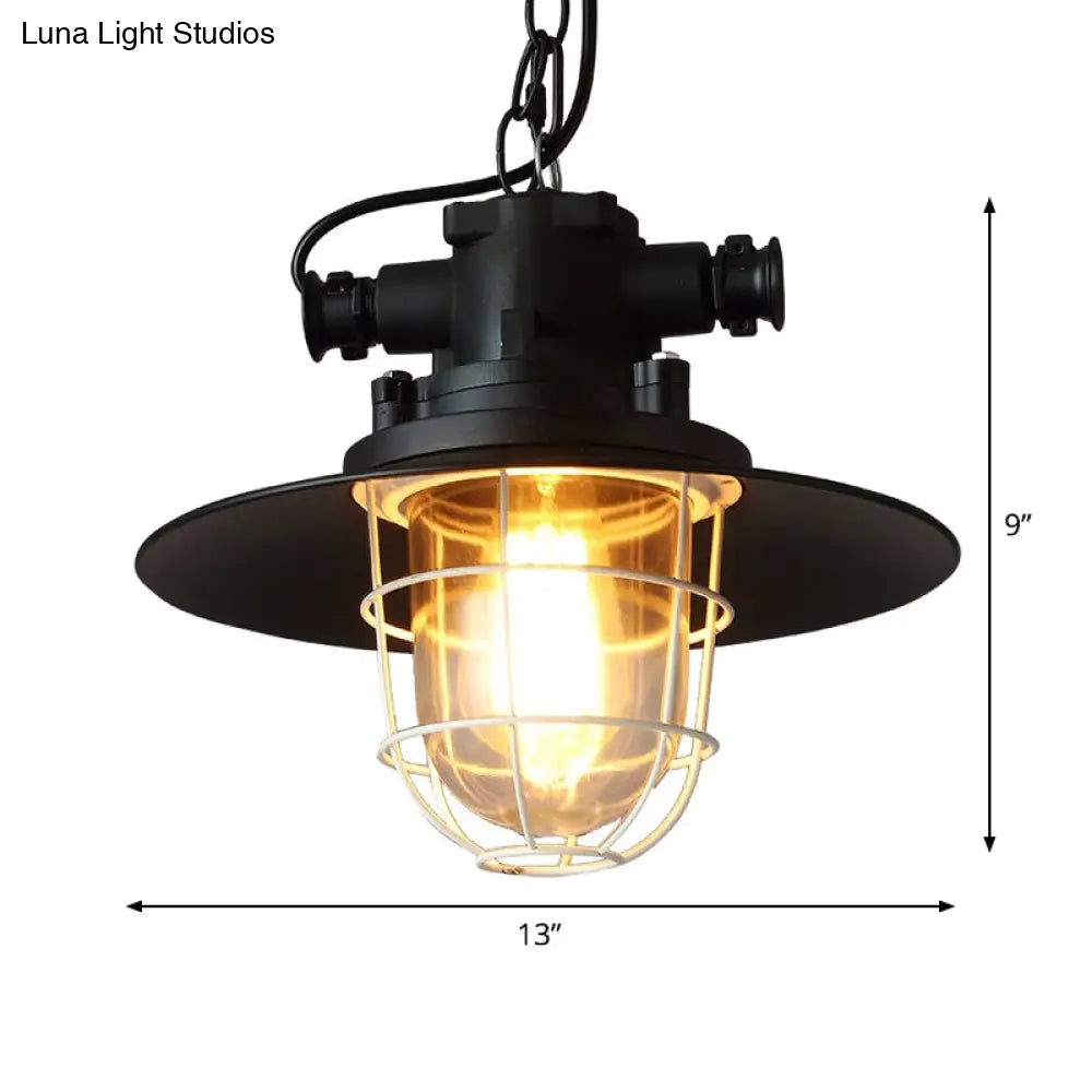 Industrial-Style Black Iron Pendant Lamp For Restaurants: 1-Light Bowl/Cage/Barn Design