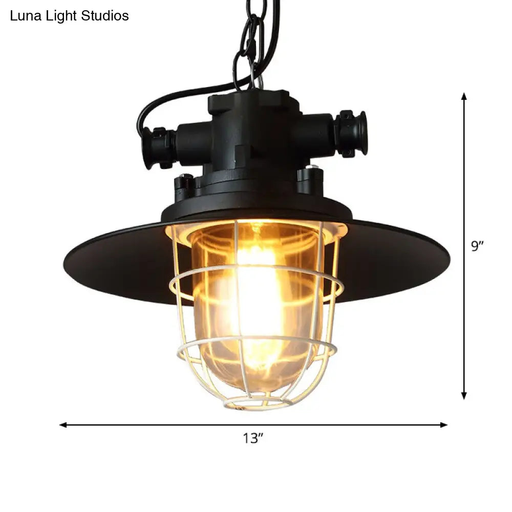 Industrial-Style Black Iron Pendant Lamp For Restaurants - 1-Light Bowl/Cage/Barn Design