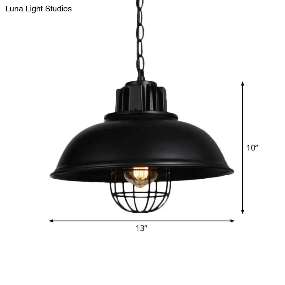 Industrial-Style Black Iron Pendant Lamp For Restaurants - 1-Light Bowl/Cage/Barn Design