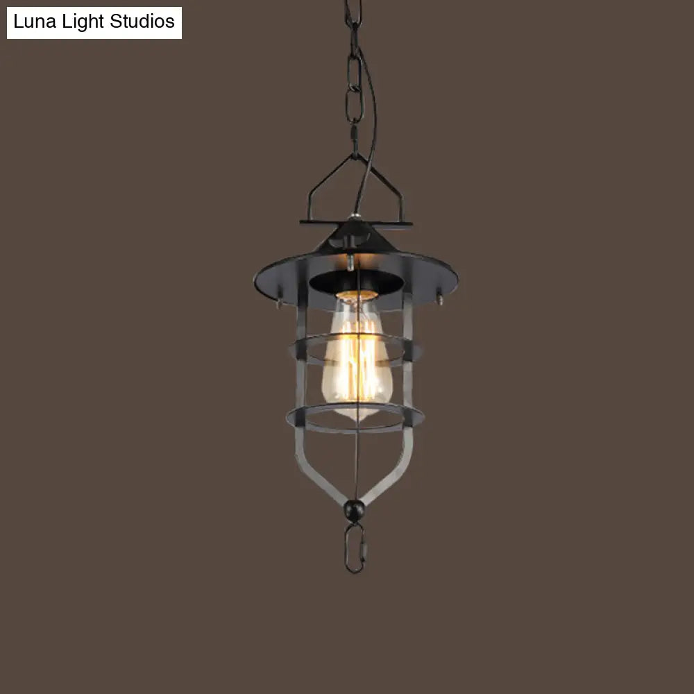 Industrial-Style Black Iron Pendant Lamp For Restaurants - 1-Light Bowl/Cage/Barn Design