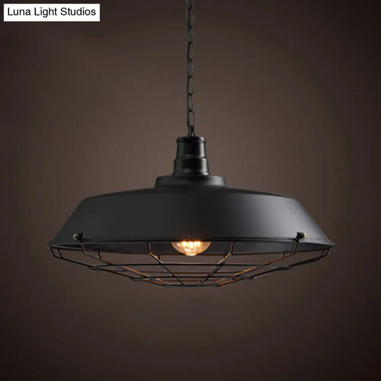 Industrial-Style Black Iron Pendant Lamp For Restaurants - 1-Light Bowl/Cage/Barn Design