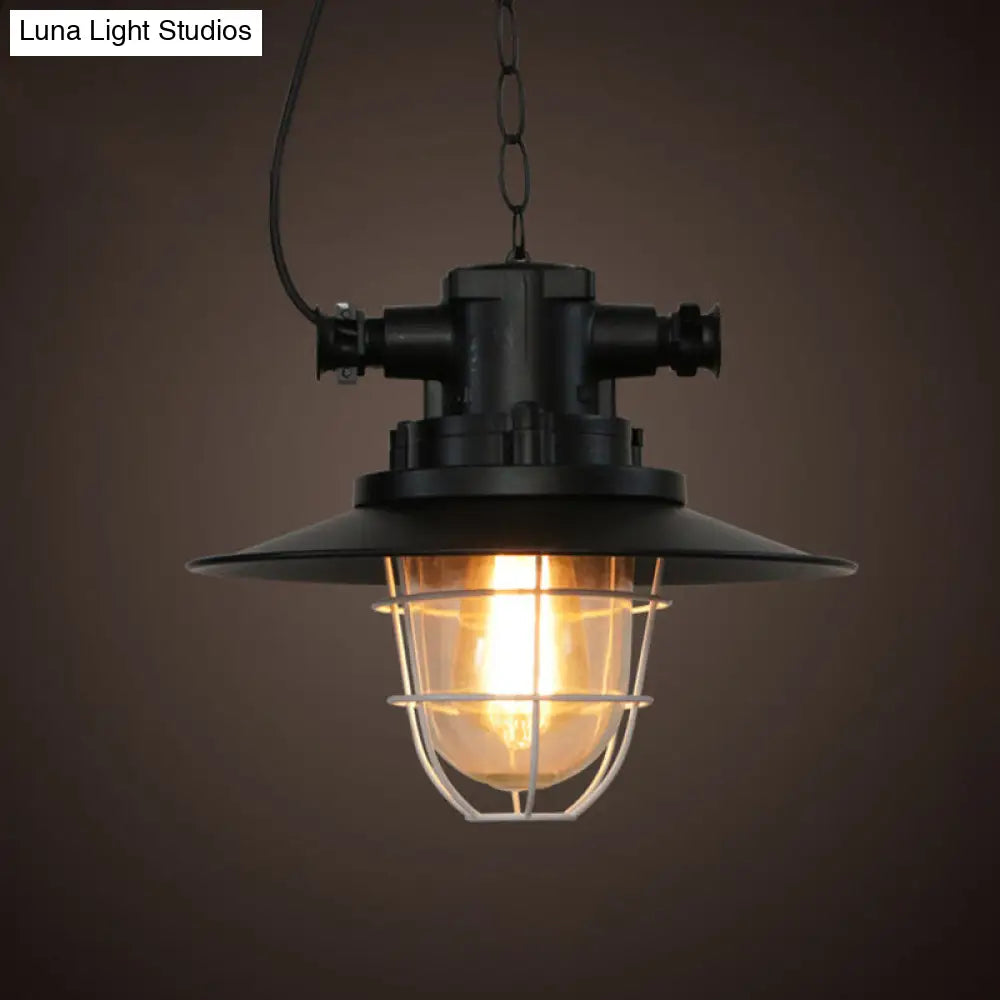 Industrial-Style Black Iron Pendant Lamp For Restaurants - 1-Light Bowl/Cage/Barn Design