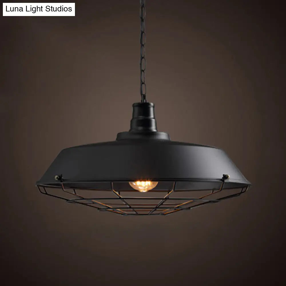 Industrial-Style Black Iron Pendant Lamp For Restaurants: 1-Light Bowl/Cage/Barn Design