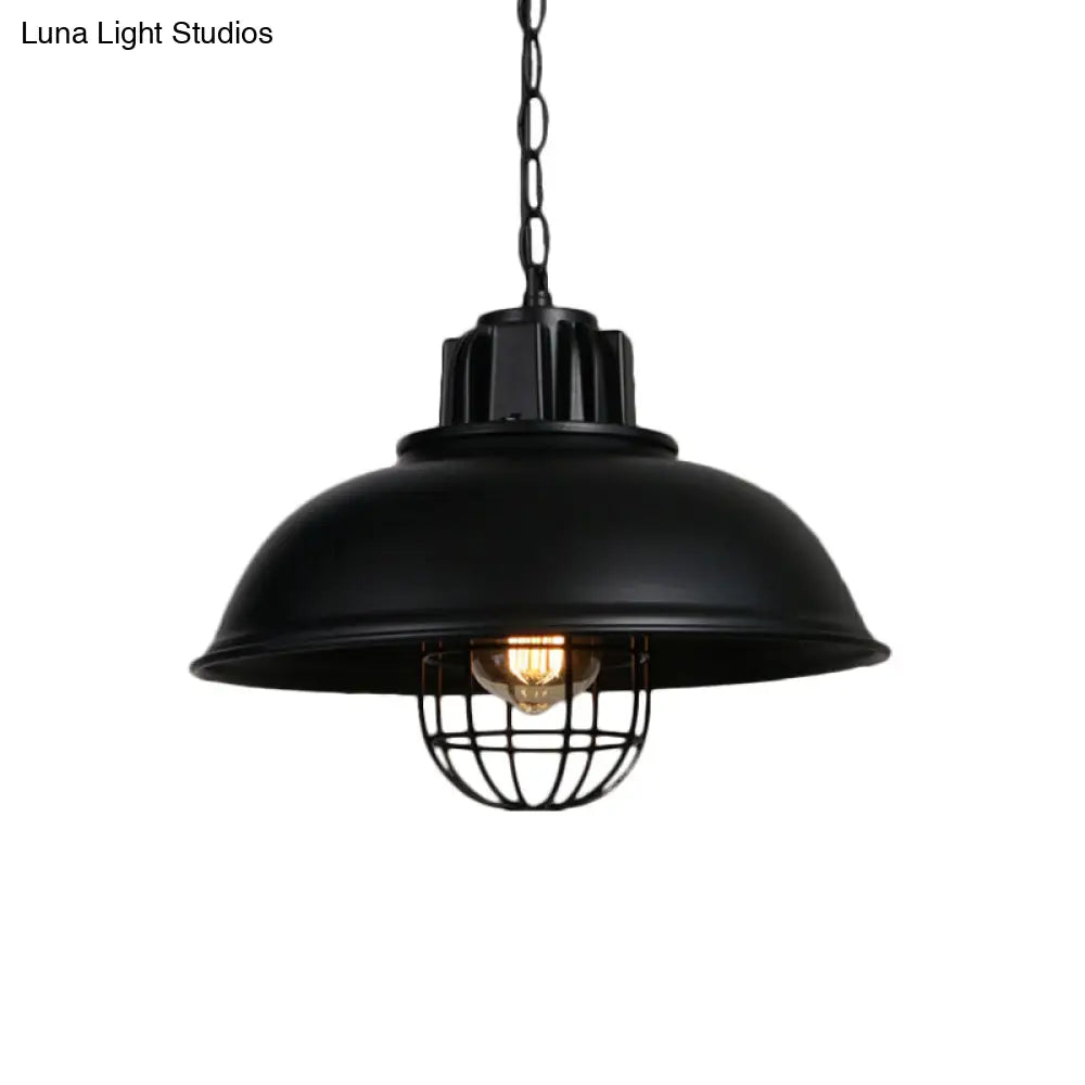 Industrial-Style Black Iron Pendant Lamp For Restaurants - 1-Light Bowl/Cage/Barn Design / E