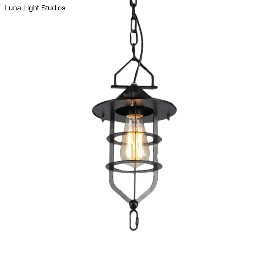Industrial-Style Black Iron Pendant Lamp For Restaurants - 1-Light Bowl/Cage/Barn Design / H