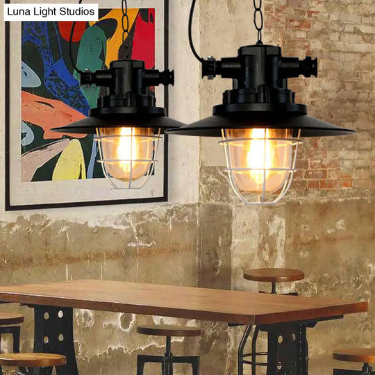Industrial-Style Black Iron Pendant Lamp For Restaurants - 1-Light Bowl/Cage/Barn Design / F