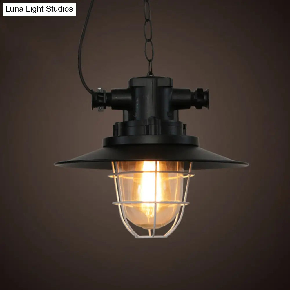 Industrial-Style Black Iron Pendant Lamp For Restaurants: 1-Light Bowl/Cage/Barn Design