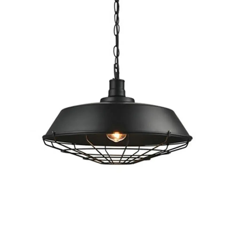 Industrial-Style Black Iron Pendant Lamp For Restaurants: 1-Light Bowl/Cage/Barn Design / B