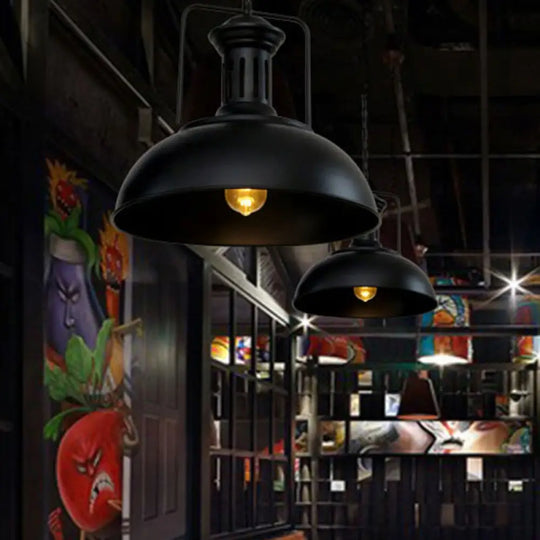 Industrial-Style Black Iron Pendant Lamp For Restaurants: 1-Light Bowl/Cage/Barn Design / C