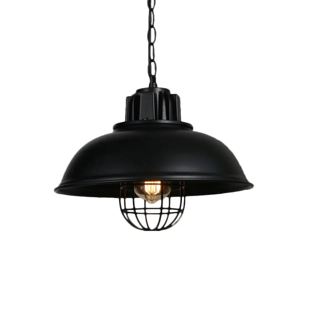 Industrial-Style Black Iron Pendant Lamp For Restaurants: 1-Light Bowl/Cage/Barn Design / E