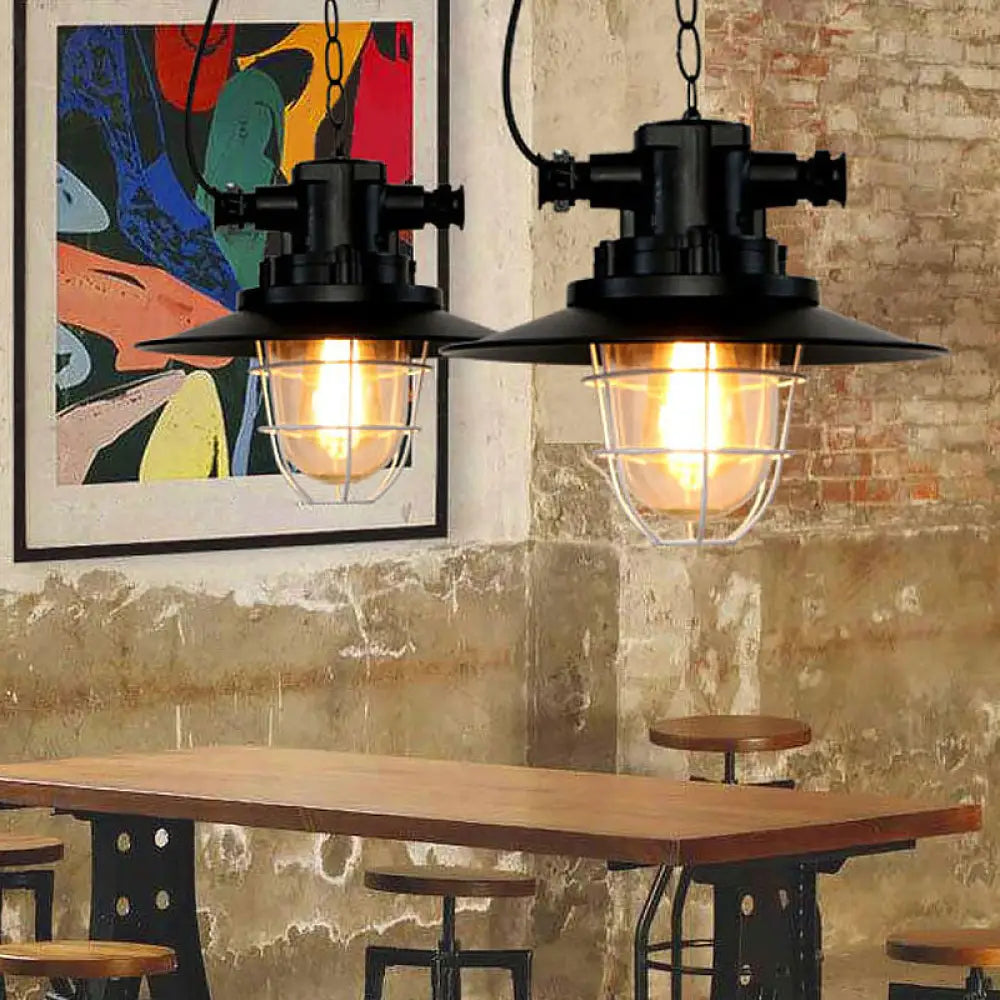 Industrial-Style Black Iron Pendant Lamp For Restaurants: 1-Light Bowl/Cage/Barn Design / F