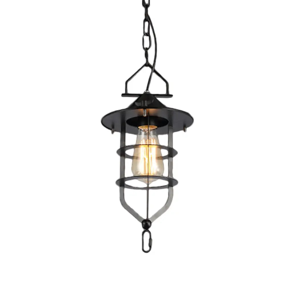 Industrial-Style Black Iron Pendant Lamp For Restaurants: 1-Light Bowl/Cage/Barn Design / H