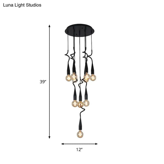 10-Head Industrial Style Black Iron Multi Light Pendant Lamp With Cascading Design And Open Bulb