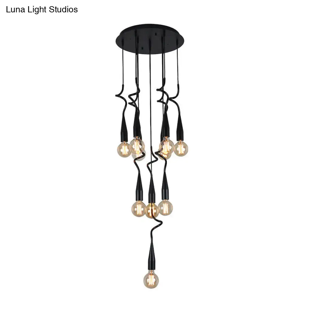 10-Head Industrial Style Black Iron Multi Light Pendant Lamp With Cascading Design And Open Bulb