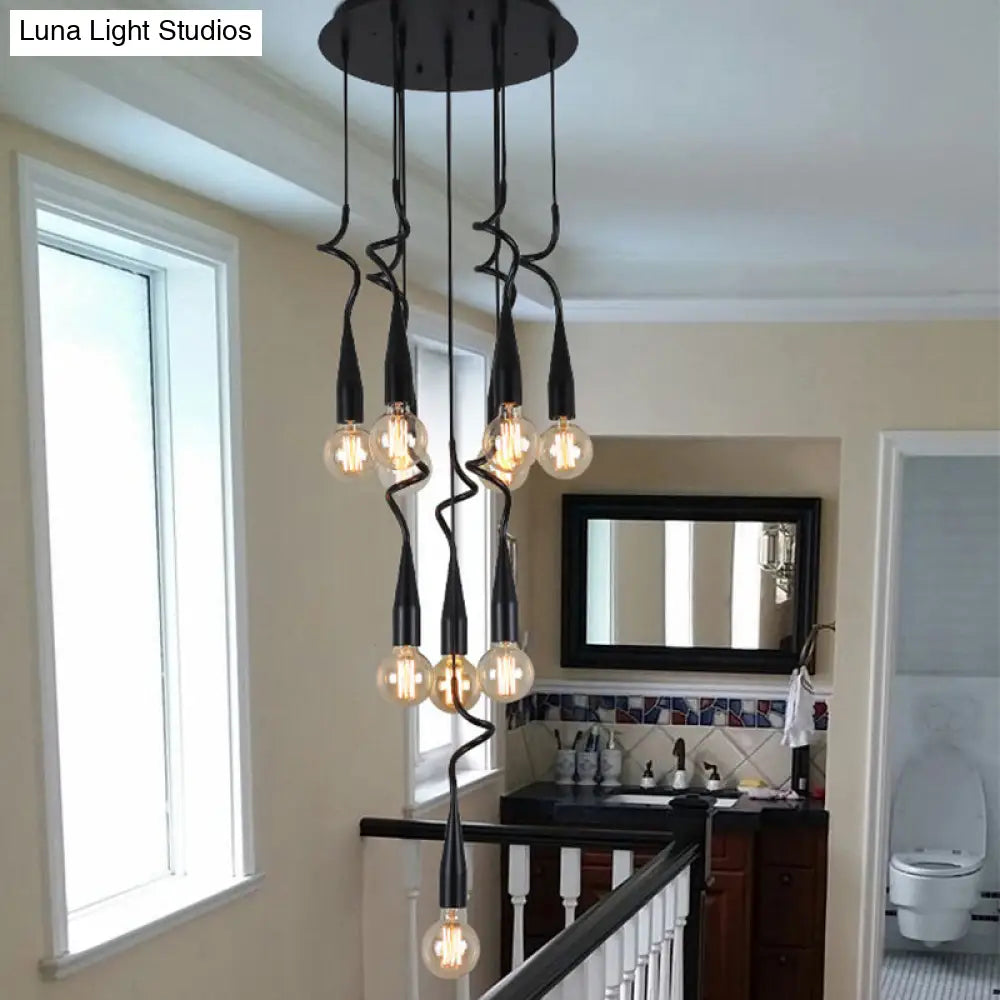 10-Head Industrial Style Black Iron Multi Light Pendant Lamp With Cascading Design And Open Bulb 10