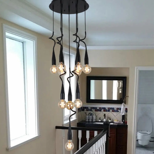 Industrial Style Black Iron Pendant Lamp With Cascading Open Bulb Design - 3 To 10 Heads /