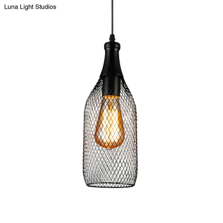 Industrial Style Black Iron Pendant Lamp With Mesh Bottle Design