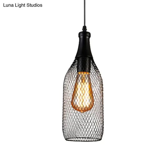 Industrial Style Black Iron Pendant Lamp With Mesh Bottle Design