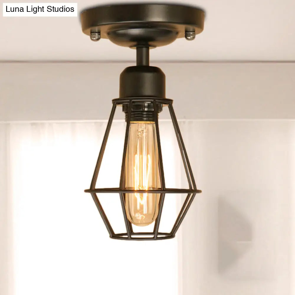 Industrial Style Black Iron Semi Flush Mount Ceiling Light With Open Cage Design For Living Room