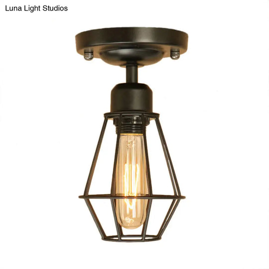 Industrial Style Black Iron Semi Flush Mount Ceiling Light With Open Cage Design For Living Room