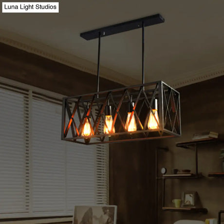 Industrial Style Black Ironwork Pendant Light For Bar - Rectangular Island Design