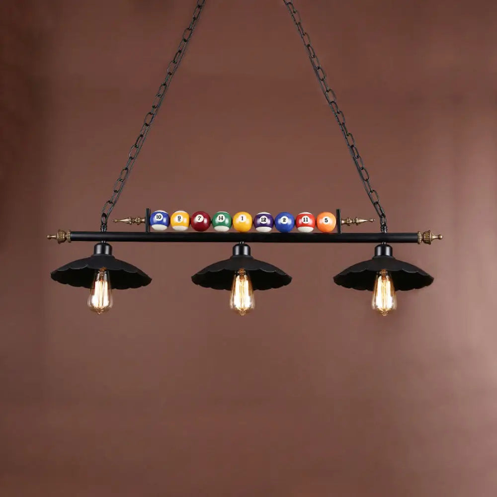 Industrial Style Black Metal Billiard Light With Scalloped Shade - 3-Light Island Pendant