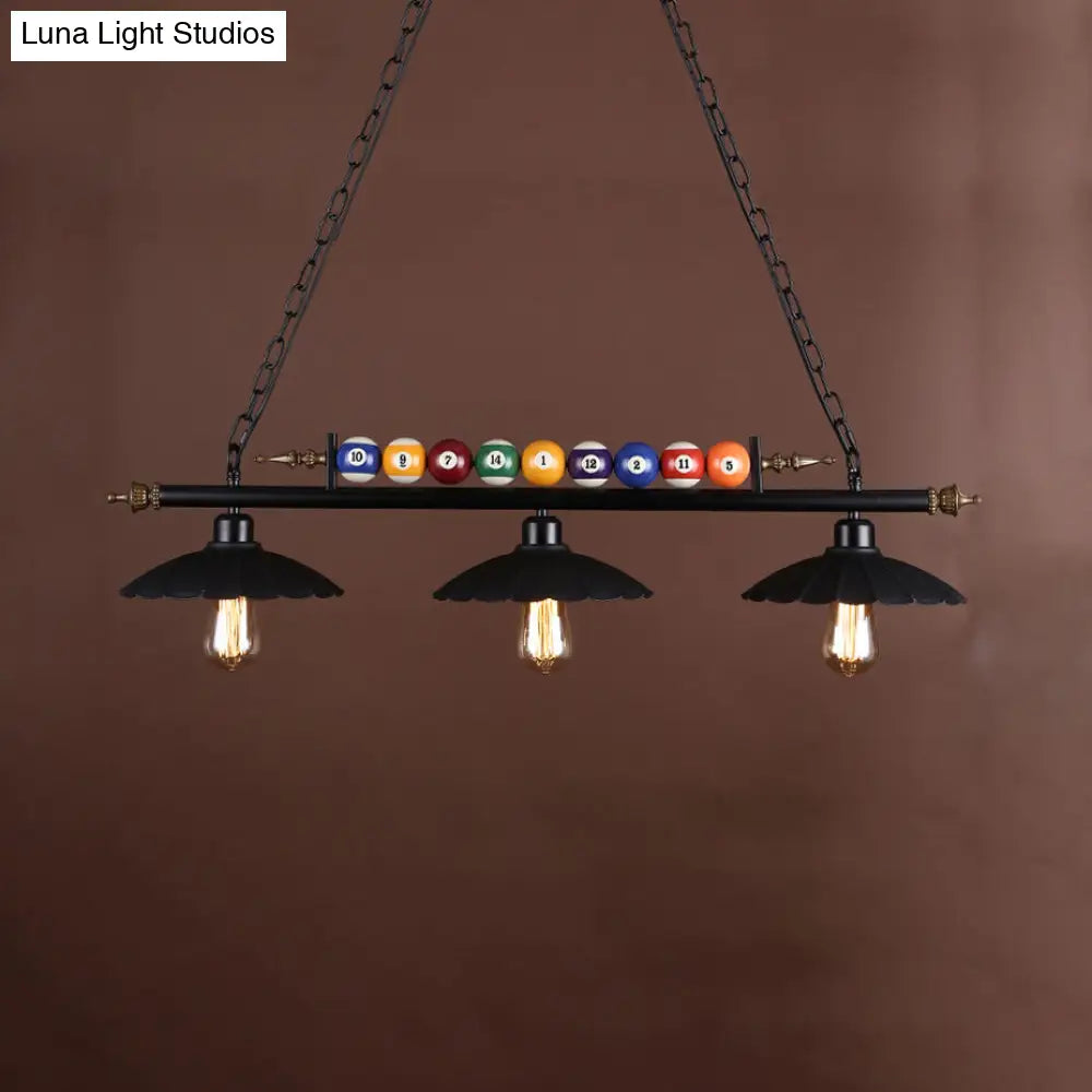 Industrial Style Black Metal Billiard Light With Scalloped Shade - 3-Light Island Pendant