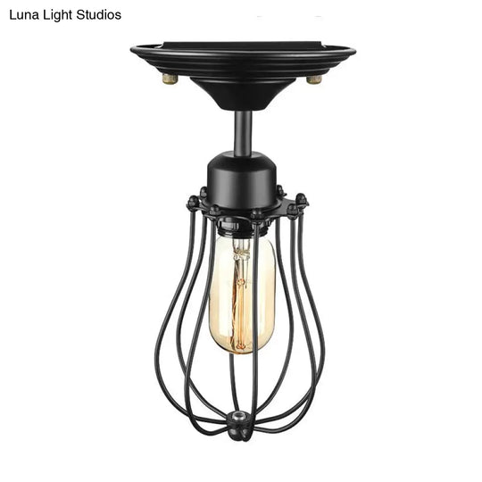 Industrial Style Black Metal Ceiling Lamp - Bulb-Shaped Semi-Flush Mount Light For Dining Room