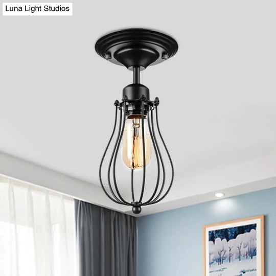 Industrial Style Black Metal Ceiling Lamp - Bulb - Shaped Semi - Flush Mount Light For Dining Room