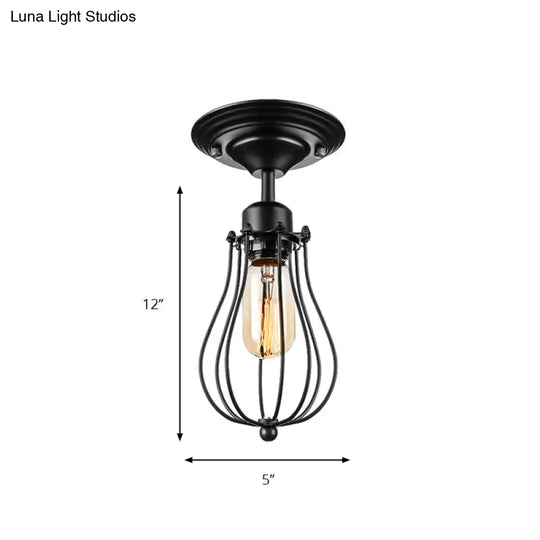 Industrial Style Black Metal Ceiling Lamp - Bulb-Shaped Semi-Flush Mount Light For Dining Room