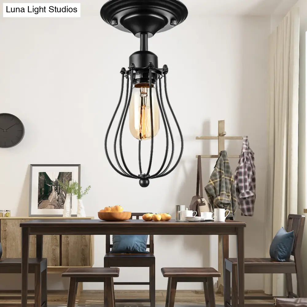 Industrial Style Black Metal Ceiling Lamp - Bulb-Shaped Semi-Flush Mount Light For Dining Room