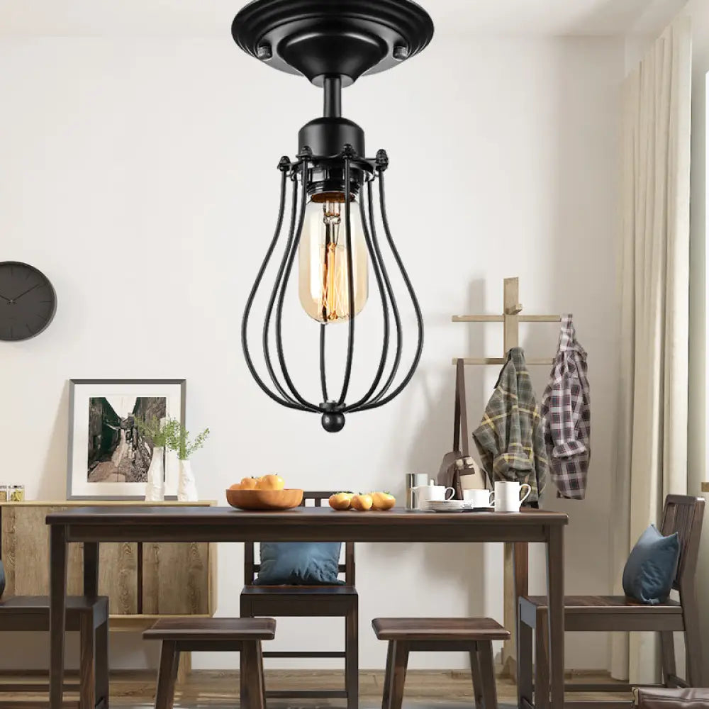 Industrial Style Black Metal Ceiling Lamp - Bulb - Shaped Semi - Flush Mount Light For Dining Room