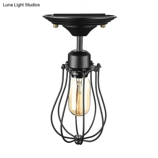 Industrial Style Black Metal Ceiling Lamp - Bulb - Shaped Semi - Flush Mount Light For Dining Room