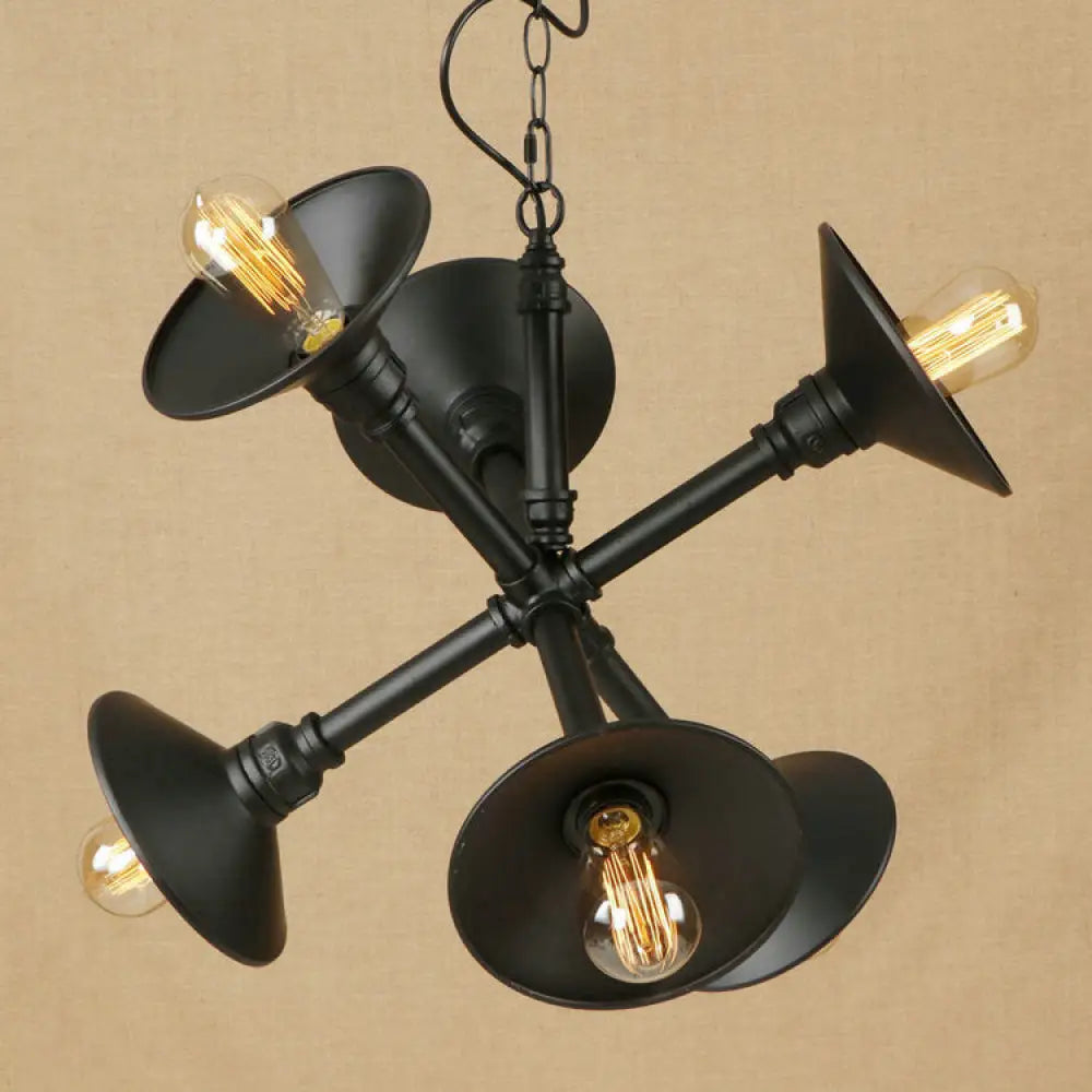 Industrial Style Black Metal Chandelier With 6-Light Flared Hanging Design - Perfect For Bars