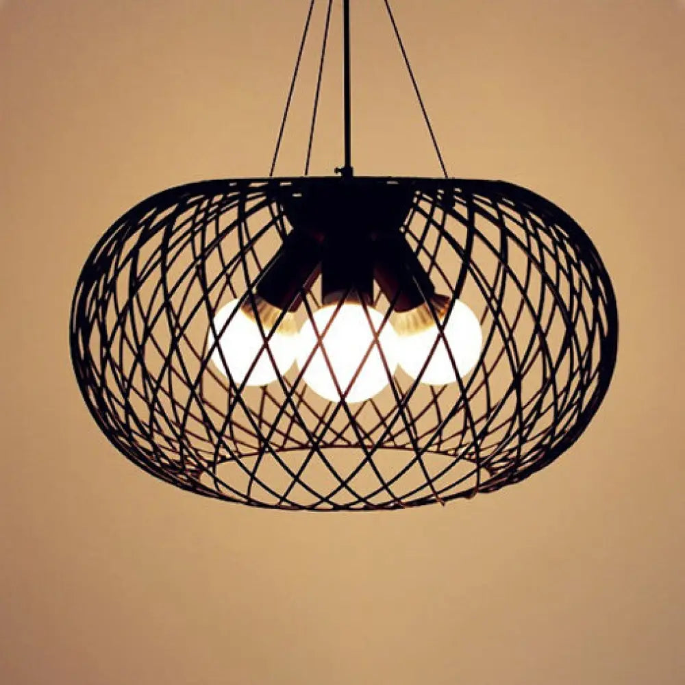 Industrial Style Black Metal Chandelier With Mesh Cage 3 Heads Drum Shade - Hanging Lamp