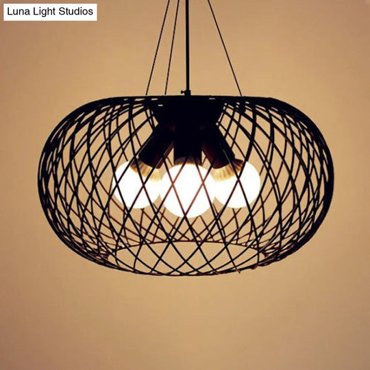 Industrial Black Metal Chandelier With Drum Shade And Mesh Cage - 3 Heads Pendant Lighting