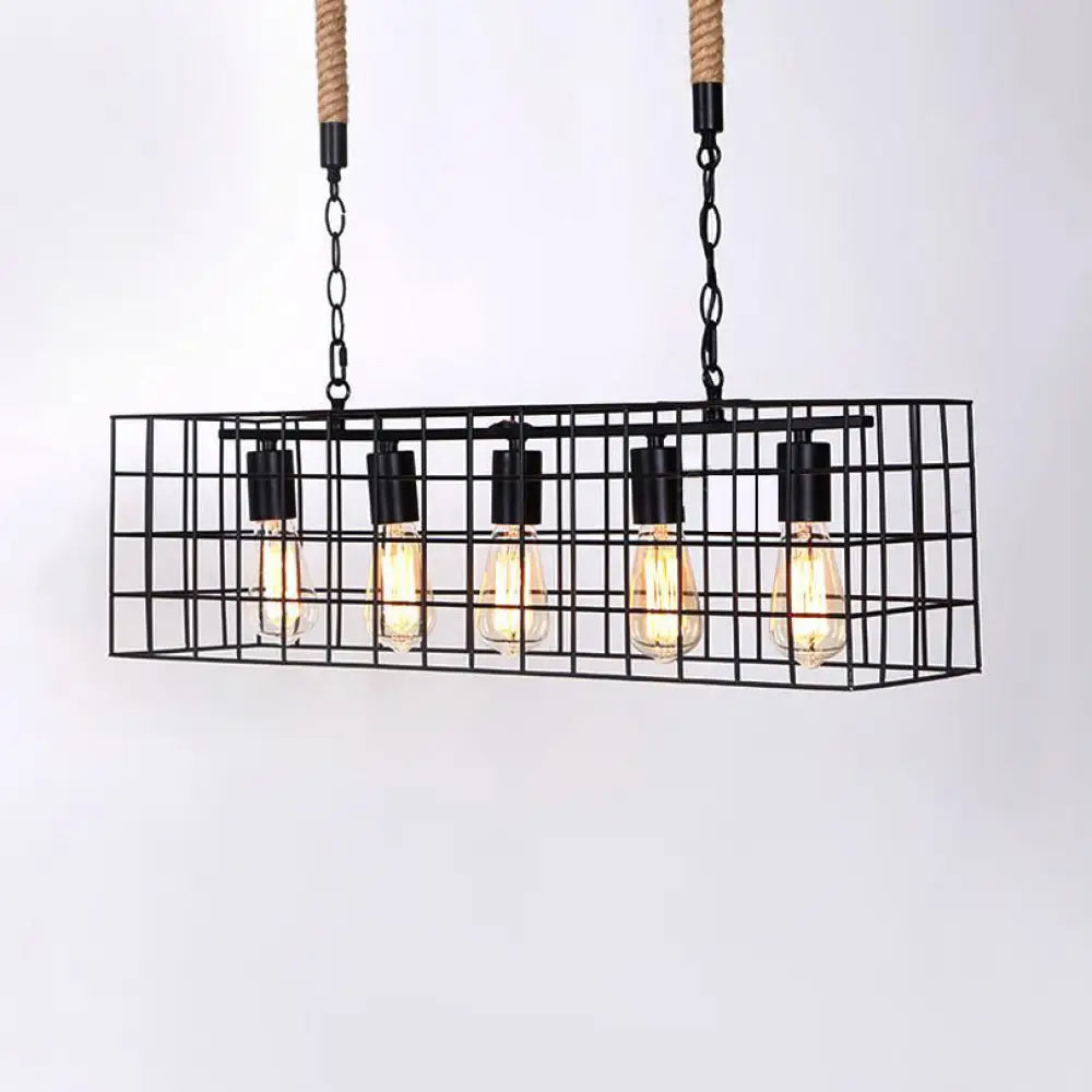 Industrial Style Black Metal Hanging Lamp With Rectangle Cage Shade - Ideal For Bars Set Of 5 Bulbs