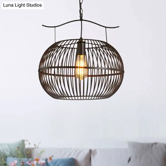 Industrial Style Black Metal Pendant Ceiling Light With Wire Cage Round Shade And Chain - Perfect