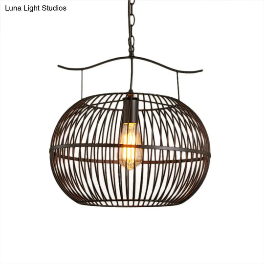 Industrial Style Black Metal Pendant Ceiling Light With Wire Cage Round Shade And Chain - Perfect