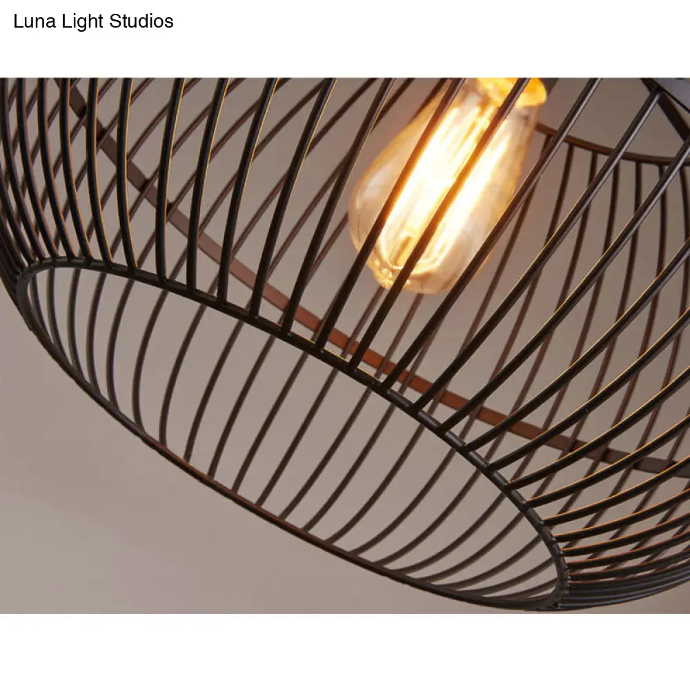 Industrial Style Wire Cage Ceiling Light With Round Shade - Black Metal Pendant Lighting For Living