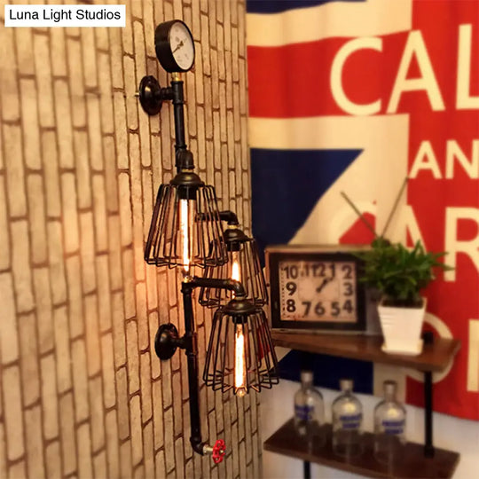 Industrial Style Black Metal Wall Lamp: Tapered Cage Sconce With 3 Lights - Perfect For Restaurants