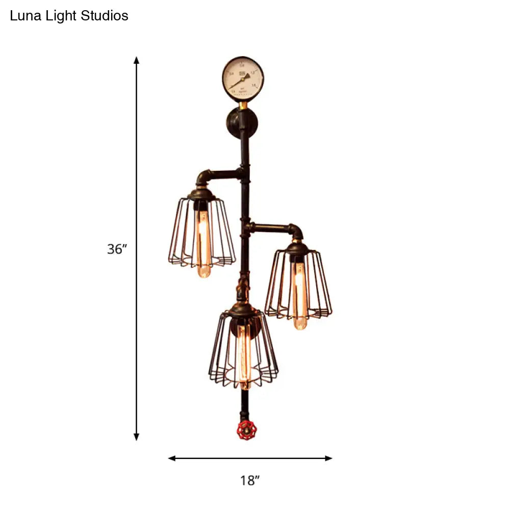 Industrial Style Black Metal Wall Lamp: Tapered Cage Sconce With 3 Lights - Perfect For Restaurants