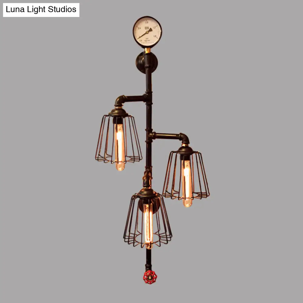 Industrial Style Black Metal Wall Lamp: Tapered Cage Sconce With 3 Lights - Perfect For Restaurants