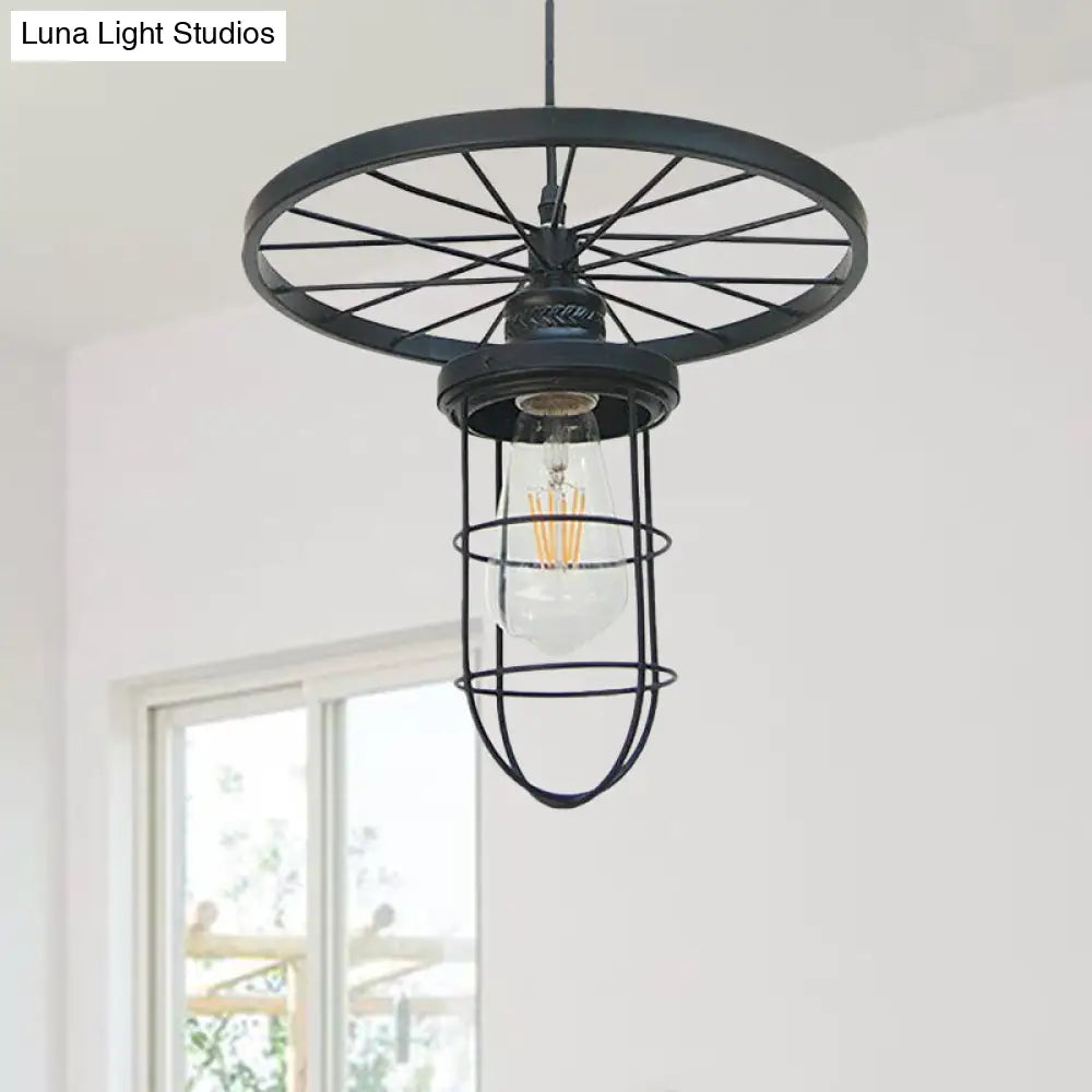 Industrial Style Metal Wire Cage Pendant Ceiling Light With Wheel Deco - 1 Head In Black For Dining