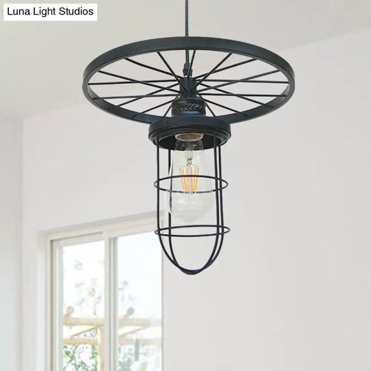 Industrial Style Metal Wire Cage Pendant Ceiling Light With Wheel Deco - 1 Head In Black For Dining