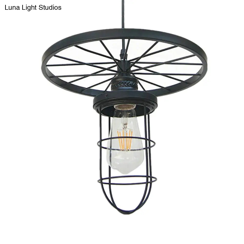 Industrial-Style Black Metal Wire Cage Ceiling Fixture Pendant Light With Wheel Deco - Dining Room