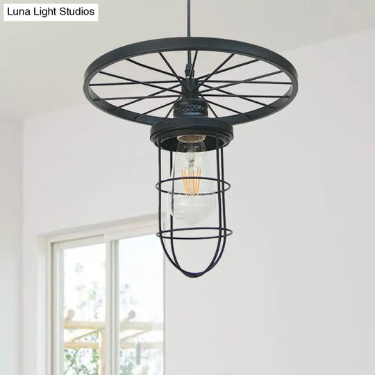 Industrial-Style Black Metal Wire Cage Ceiling Fixture Pendant Light With Wheel Deco - Dining Room