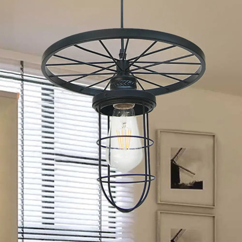 Industrial-Style Black Metal Wire Cage Ceiling Fixture Pendant Light With Wheel Deco - Dining Room